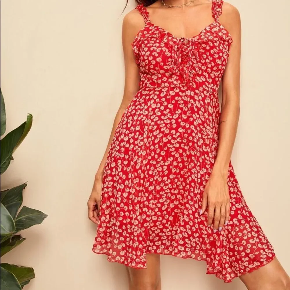 ✨HP✨Ditsy Floral Tie Neck Ruffle Trim Cami Dress✨ - Picture 3 of 8